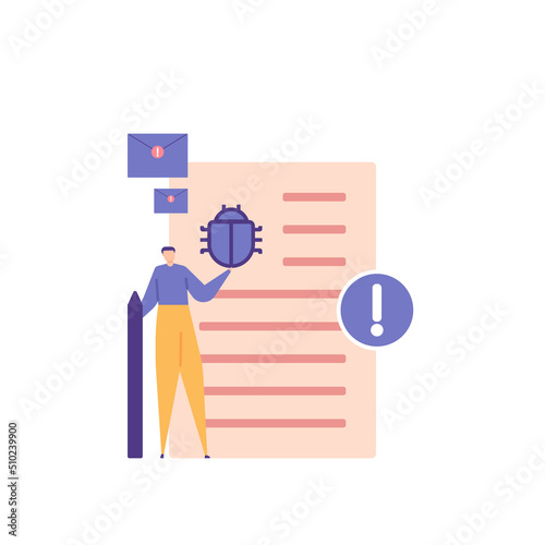 report bugs, send report letters, customer complaints. a user reports a problem or bug in the system or software to customer service or the developer. flat cartoon illustration. concept design