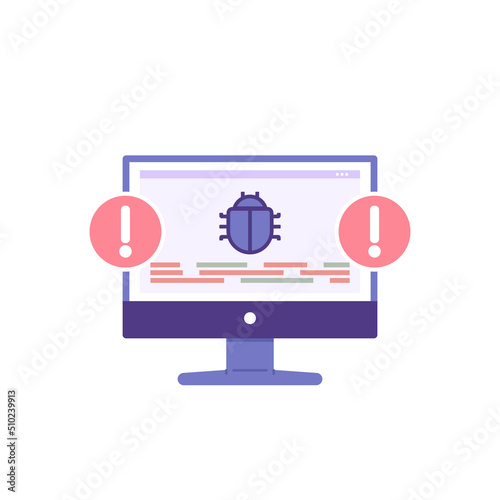 bug warning icon. system crack notification. report bugs, send report letters, customer complaints. symbol of a system error, software or application malfunction or bug. flat cartoon illustration
