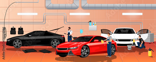 Car wash service station interior. Carwash in building. New cars for sale. Shiny luxury sedan red, white, black colors. Workers wiping and drying automobile. Toned windows vehicle. Vector illustration