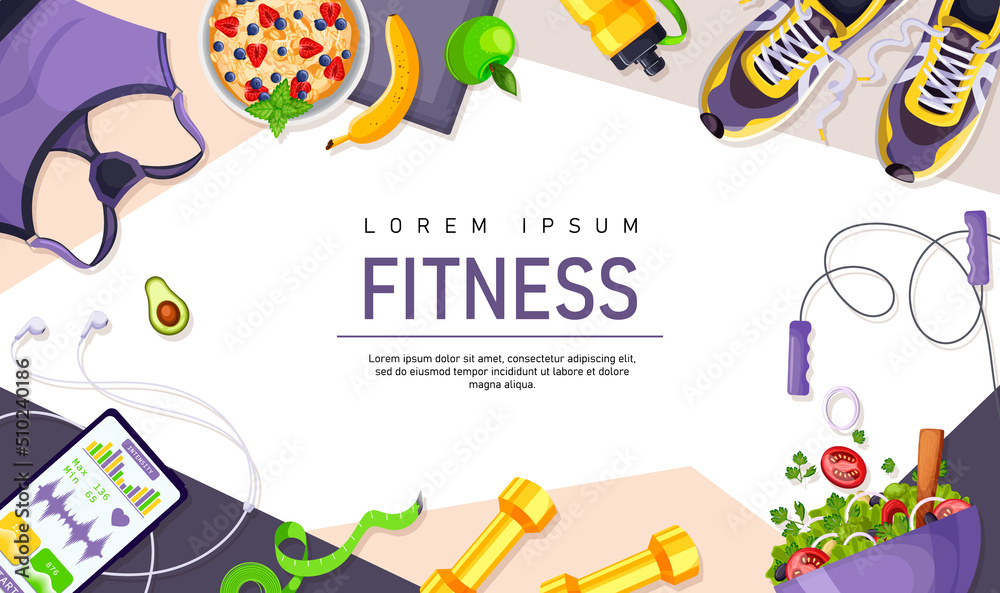 Fitness gym accessories top view. Equipment sport woman background. App smartphone yellow dumbbell healthy food. Female motivation. Workout elements violet flat design flyer. Vector illustration Stock...