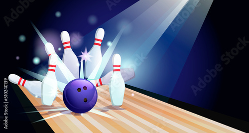 Bowling strike poster. Violet ball hit the pins on bowling alley line. Template for banner of sport competition or tournament. Rays of light on skittles. Flyer, logo bowling club. Vector illustration