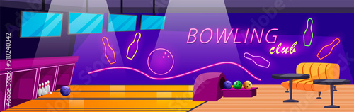 Bowling club empty interior. Neon lights on wall. Alley, Lanes with ball, pins and scoreboard screens. Place for entertainment, leisure and recreation. Sport tournaments or hobby. Vector illustration