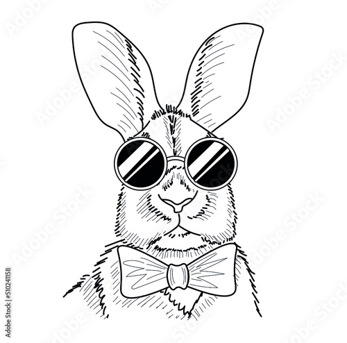 Hand drawn rabbit sketch. Bunny wearing suglasses and bow tie. Cute and serious. Tattoo sketch, print or sticker.