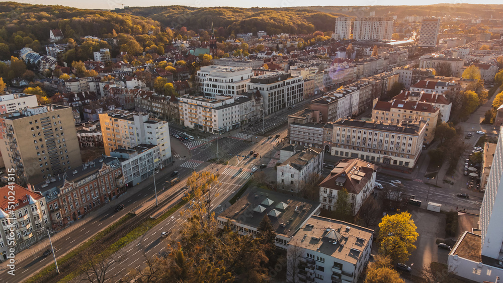 Fototapeta premium Aerial view of the Wrzeszcz district in Gdańsk at sunset. Spectacular view.