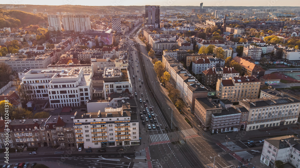Aerial view of the Wrzeszcz district in Gdańsk at sunset. Spectacular view.
