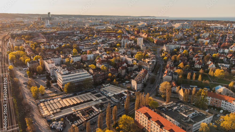 Aerial view of the Wrzeszcz district in Gdańsk at sunset. Spectacular view.