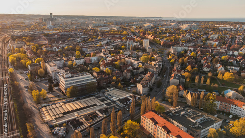 Aerial view of the Wrzeszcz district in Gdańsk at sunset. Spectacular view. photo