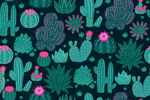 Seamless pattern with different types of cacti. Vector graphics.