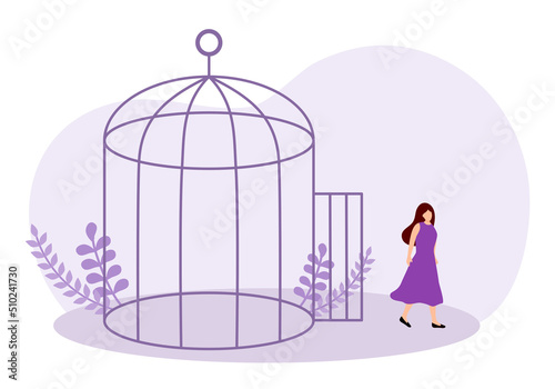 Woman freedom concept vector illustration. Woman walking away from cage in flat design.