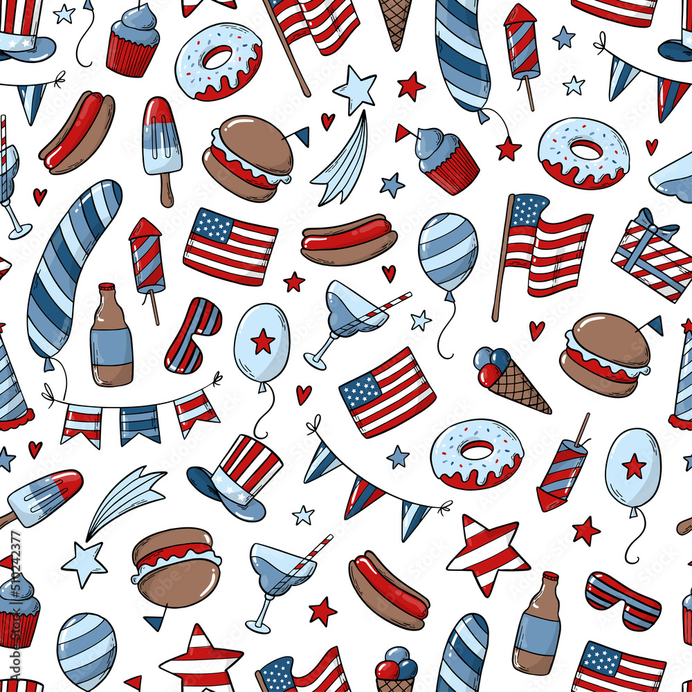 American seamless pattern with doodles on white background for wrapping paper, scrapbooking, textile prints, wallpaper, stationary, holiday decor. 4th of July, Independence day theme. EPS 10
