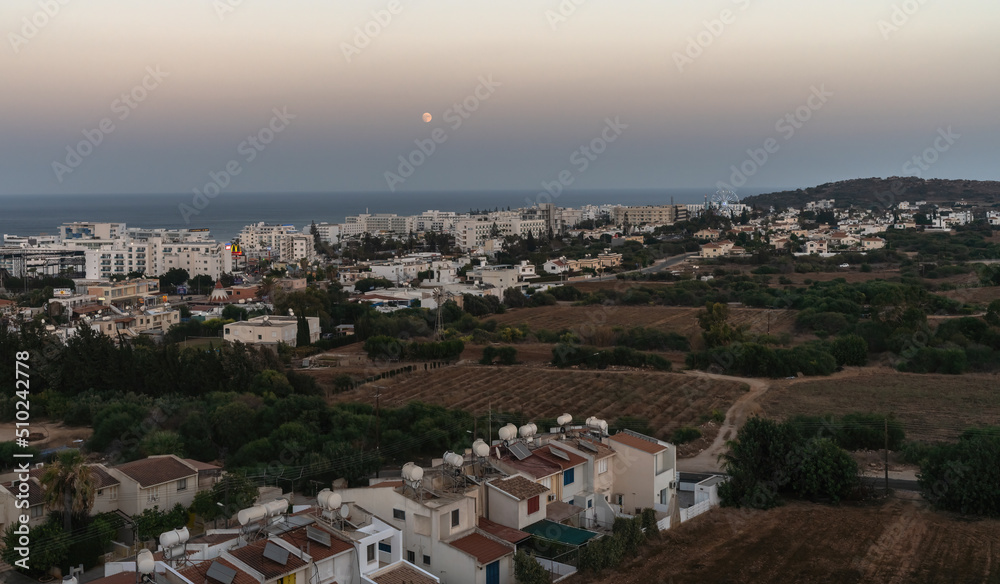 View from the top of the panorama of the evening city of Protaras, Cyprus