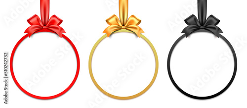Red, golden, and black vector circle gift frame with bow and ribbon, isolated on white background.