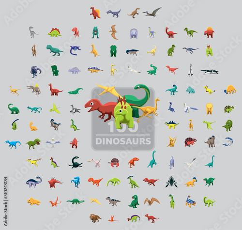 Fototapeta One Hundred Dinosaurs Cartoon Vector Illustration Set
