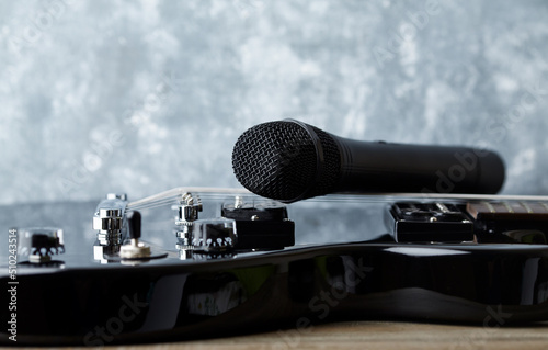 Microphone on electric guitar. Close up. Copy space. 