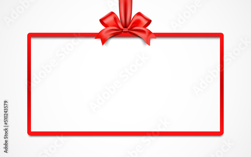 Red gift box blank rectangular vector frame with satin ribbon, isolated on white background.