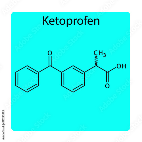 Ketoprofen molecular structure, flat skeletal chemical formula. NSAID drug used to treat rheumatoid arthritis, osteoarthritis. blue background Vector illustration.