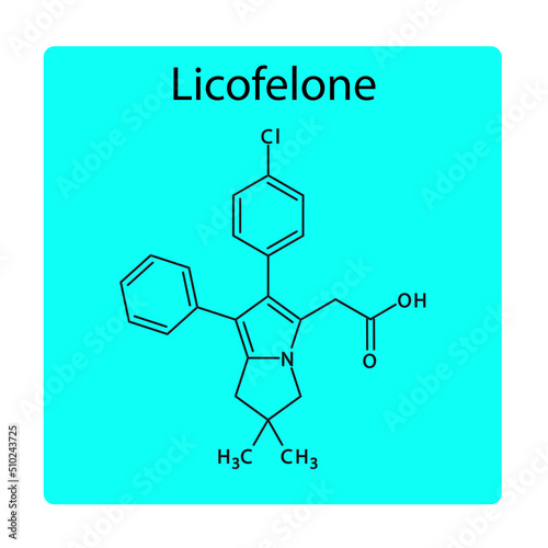 Licofelone molecular structure, flat skeletal chemical formula. NSAID drug used to treat rheumatoid arthritis, osteoarthritis. blue background Vector illustration.