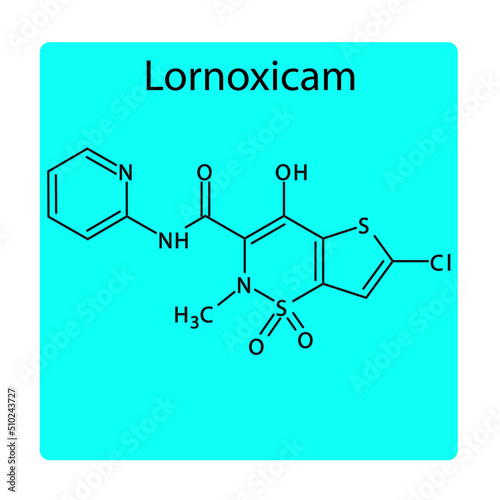 Lornoxicam molecular structure, flat skeletal chemical formula. NSAID drug used to treat rheumatoid arthritis, osteoarthritis, pain. blue background Vector illustration.