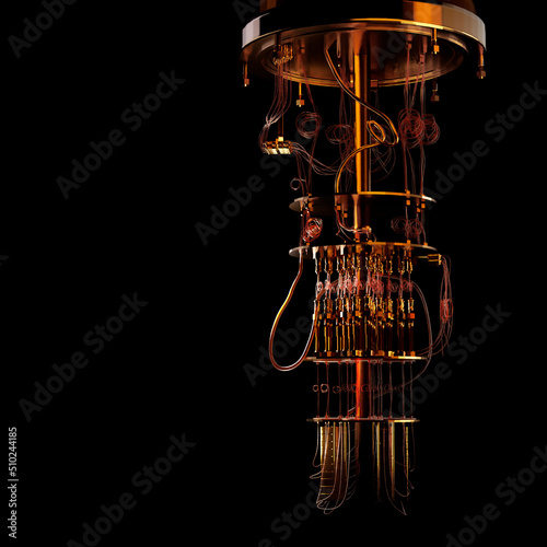 A model of a quantum computer on a black background. 3D render. New technologies in parallel computing, scientific and technical achievements, concept.