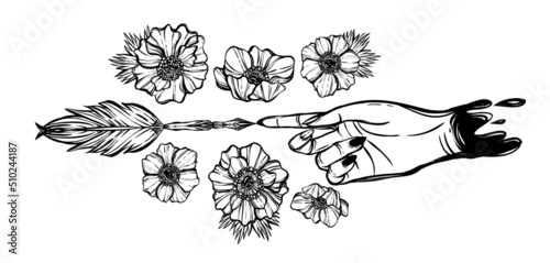 Vector illustration. Fountain pen hand, write in ink, white anemones flowers. Stickers, handmade, postcard