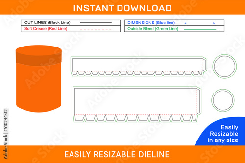 Circle cardboard box with lid dieline template and 3D box design