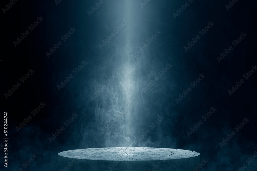 The empty wooden cylinder shape of product display Podium, Stand for showing or design blank backdrop dark abstract wall with smoke float up. Platform illuminated by spotlights - obrazy, fototapety, plakaty 