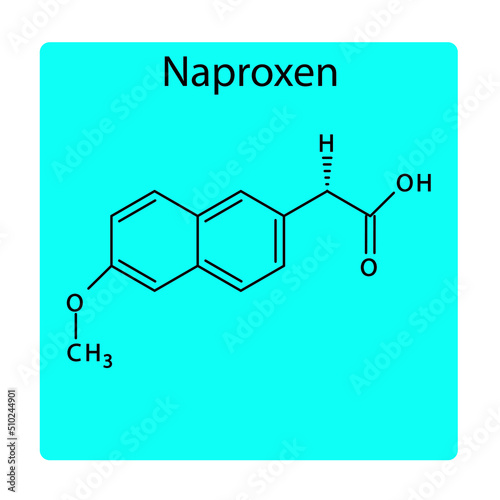 Naproxen molecular structure, flat skeletal chemical formula. NSAID drug used to treat osteoarthritis, ankylosing spondylitis, polyarticular juvenile idiopathic arthritis, tendinitis, bursitis, acute 