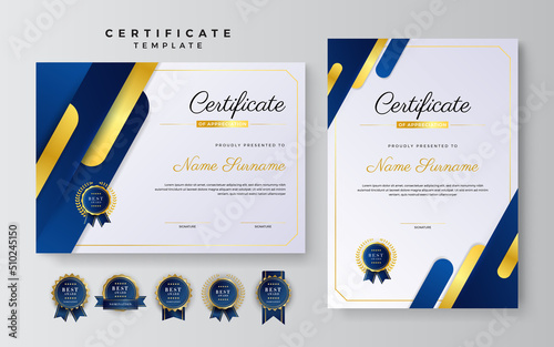 Blue and gold certificate of achievement border template with luxury badge and modern line pattern. For award, business, and education needs
