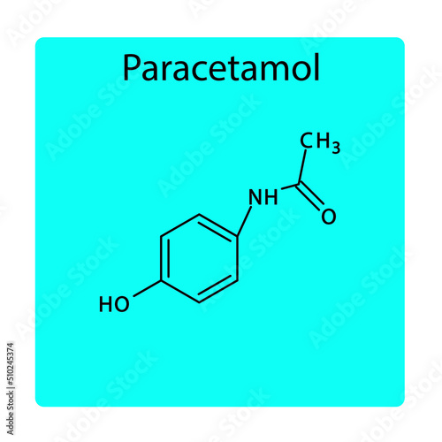 Paracetamol molecular structure, flat skeletal chemical formula. NSAID drug used to treat pain, fever, rheumatic pain. blue background Vector illustration.