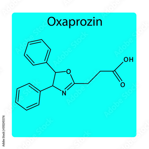 Oxaprozin molecular structure, flat skeletal chemical formula. NSAID drug used to treat osteoarthritis, rheumatoid arthritis, arthritis. blue background Vector illustration.