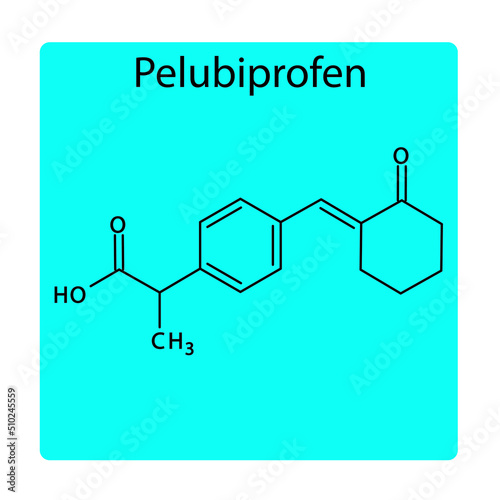 Pelubiprofen molecular structure, flat skeletal chemical formula. NSAID drug used to treat rheumatoid arthritis, pain, swelling, osteoarthritis. blue background Vector illustration.
