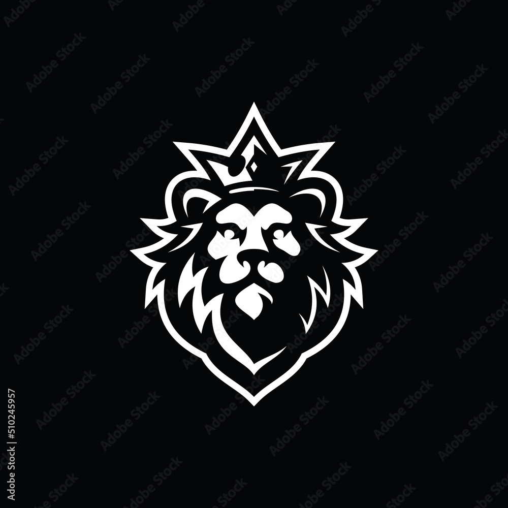 Lion king silhouette logo design. Lion head with crown vector illustration on dark background Lion king silhouette logo design. Lion head with crown vector illustration on dark background