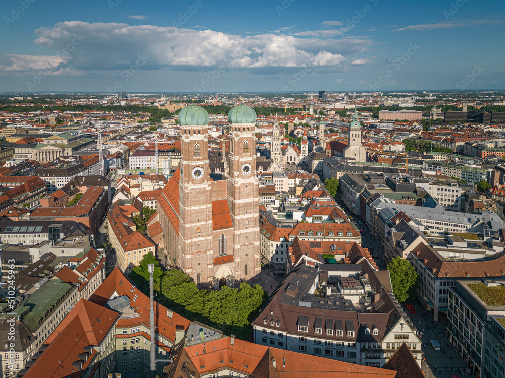 Amazing aerial view of Munich city with the Church Of Our Lady