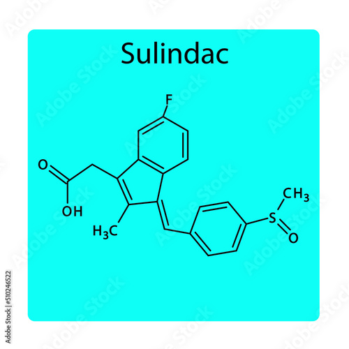 Sulindac molecular structure, flat skeletal chemical formula. NSAID drug used to treat rheumatoid arthritis, osteoarthritis, acute gouty arthritis, ankylosing spondylitis, musculoskeletal, tendinitis,