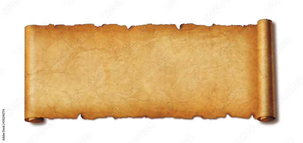 Old paper horizontal banner. Parchment scroll isolated on white with shadow