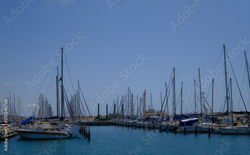 Marina. Yachts and boats at the parking lot by the sea © Leon