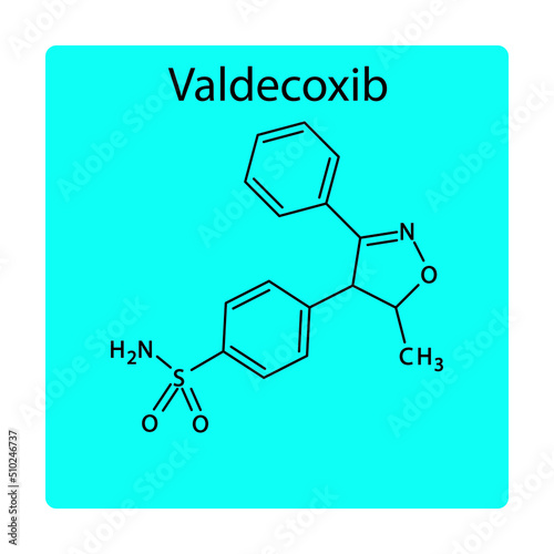 Valdecoxib molecular structure, flat skeletal chemical formula. NSAID drug used to treat osteoarthritis, rheumatoid arthritis, painful menstruation, menstrual symptoms. 