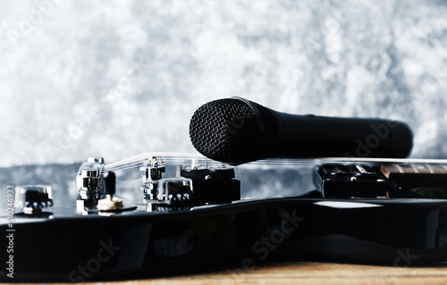  Microphone on electric guitar. Close up. Copy space.