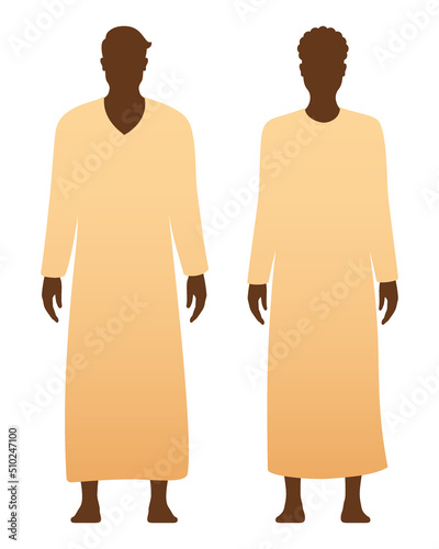 Man and woman in a traditional muslim Thawb ethnic dresses, standing isolated on a white background. Arabic Dishdahsa, Kandourah, Jubbah clothing vector illustration.