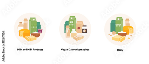 Food illustration collection. Vector flat design of various milk dairy and vegan alternative product symbol in circle frame isolated on white background.