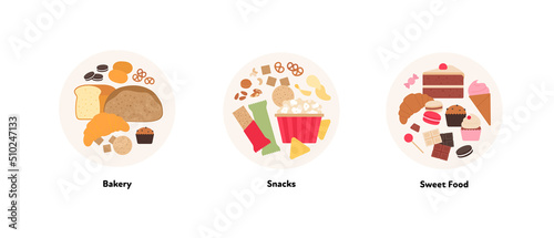 Food illustration collection. Vector flat design of various bakery, snack and sweet food symbol in circle frame isolated on white background.