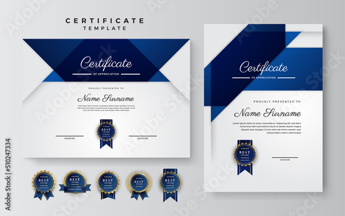Blue and white certificate of achievement border template with luxury badge and modern line pattern. For award, business, and education needs