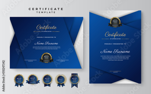 Blue and white certificate of achievement border template with luxury badge and modern line pattern. For award, business, and education needs