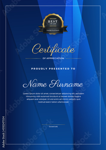 Modern elegant blue and white diploma certificate template