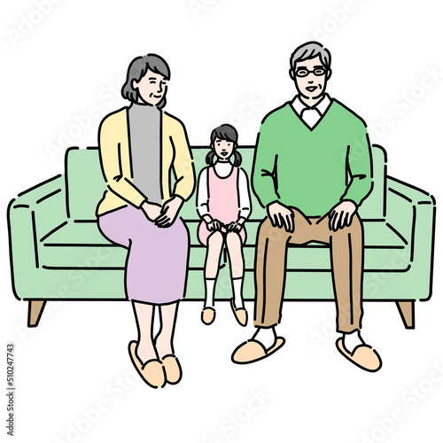 ソファに座っている祖父母と孫娘のイラスト