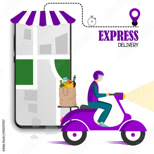 Online delivery service banner , online order tracking, purple scooter food delivery. Shipping. Vector illustration