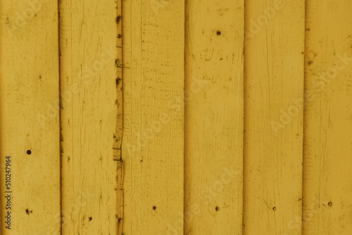 Texture of old wooden painted yellow planks. Old wooden fence with yellow paint. Boards with nails