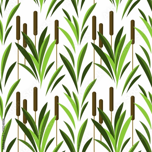 Fototapeta Naklejka Na Ścianę i Meble -  Seamless pattern with reeds and other lake vegetation. Reeds on high stems in green grass. Illustration in flat graphic style.