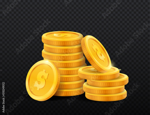 Golden coins pile. Graphic elements for lottery. Financial literacy and budgeting. Estimation of income and expenses, analytics and infographics for website. Realistic isometric vector illustration