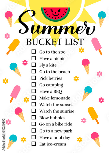 Summer bucket list. Funny things to do checklist. Seasonal activity planner page.  wish list. Easy to edit vector template